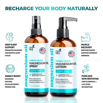 Revitalize Your Body with Artnaturals Magnesium Oil Spray & Body Massage Lotion Set - Ultimate Relief for Feet & Sleep, Extra Strength for Muscle Health & Relaxation