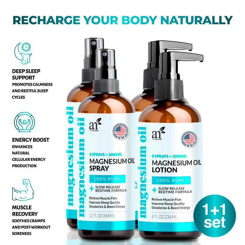 Revitalize Your Body with Artnaturals Magnesium Oil Spray & Body Massage Lotion Set - Ultimate Relief for Feet & Sleep, Extra Strength for Muscle Health & Relaxation